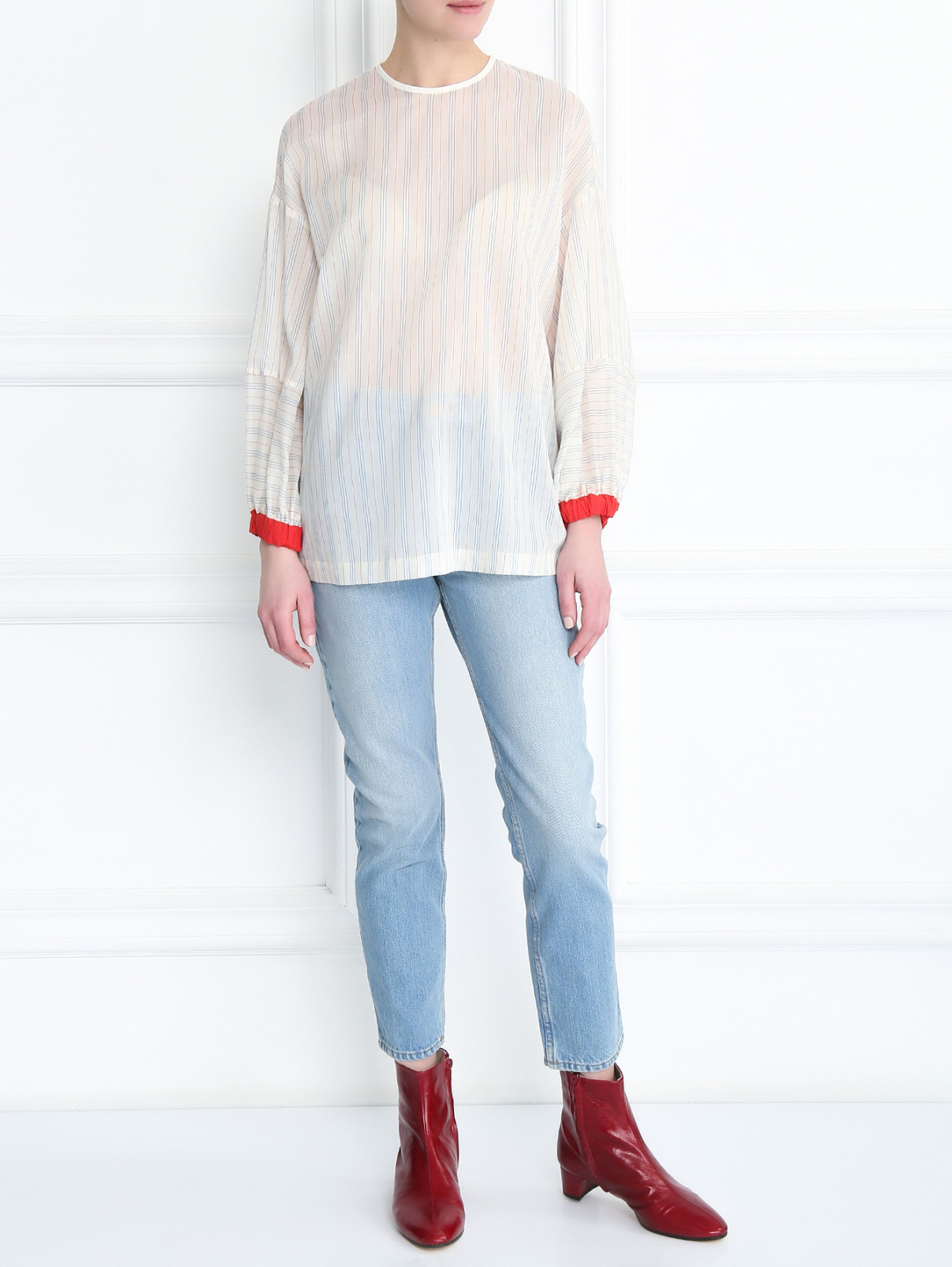 Блуза из хлопка и шелка с узором "полоска" и контрастной отделкой Alysi  –  МодельОбщийВид  – Цвет:  Узор