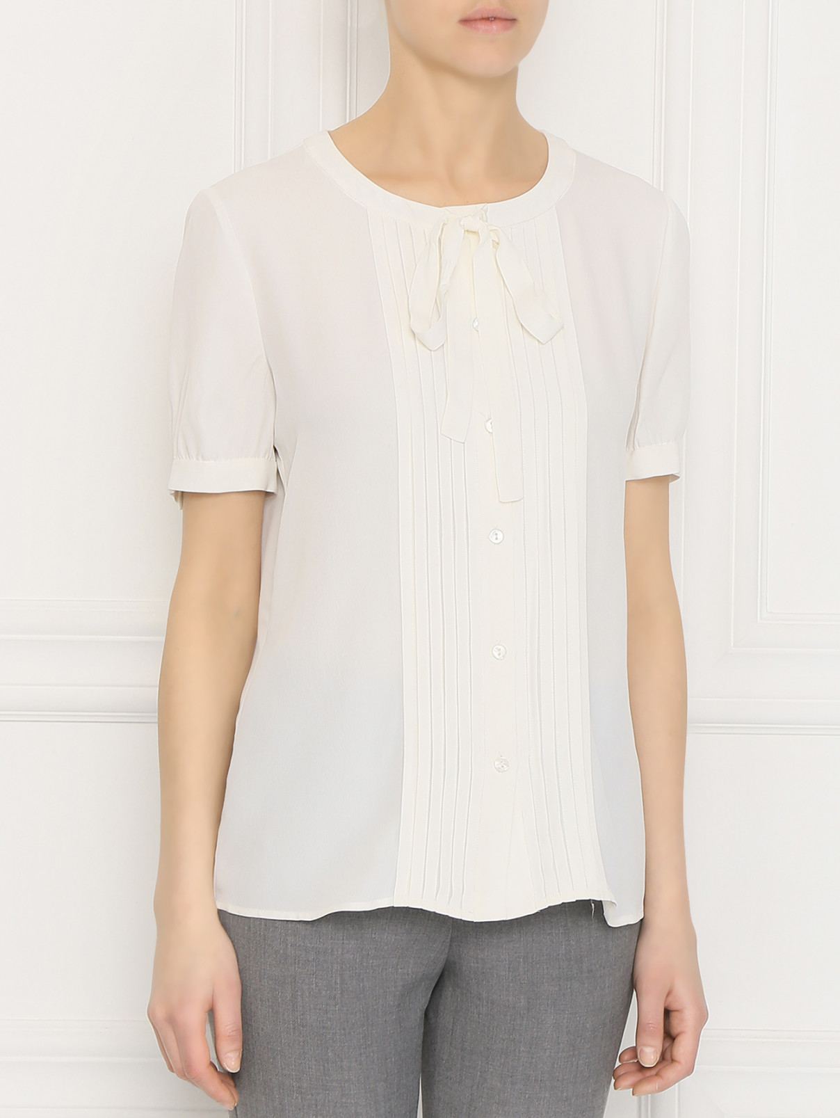 Блуза из смешанного шелка с короткими рукавами Luisa Spagnoli  –  МодельВерхНиз  – Цвет:  Белый
