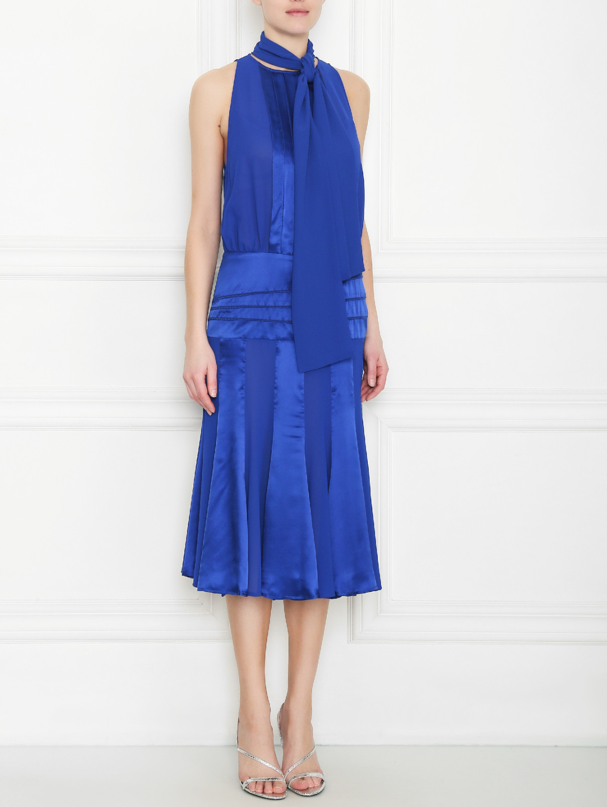 Платье из шифона и шелка с бантом Elisabetta Franchi  –  МодельВерхНиз  – Цвет:  Синий