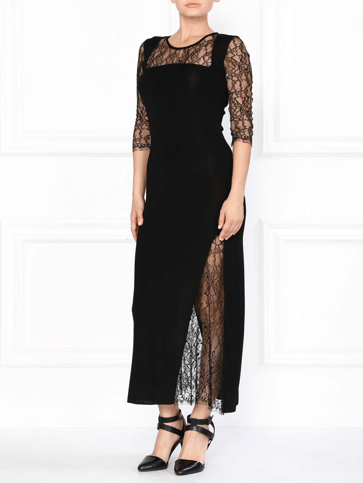 Трикотажное платье-макси с кружевными рукавами 3/4 Lil pour l'Autre  –  Модель Общий вид  – Цвет:  Черный