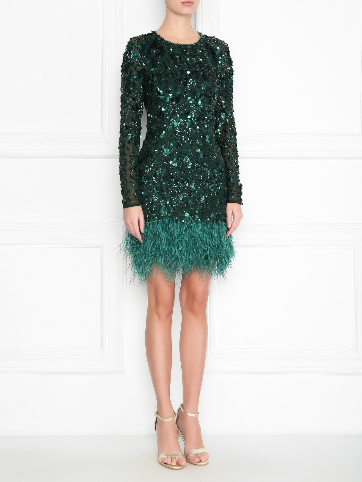 Платье декорированное пайетками и перьями Jenny Packham  –  МодельВерхНиз  – Цвет:  Зеленый