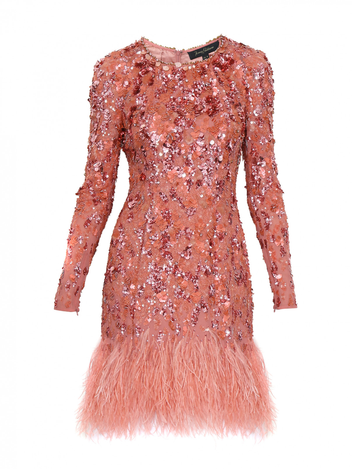 Платье из вискозы с пайетками и перьями Jenny Packham  –  Общий вид  – Цвет:  Розовый
